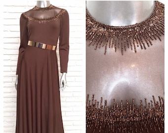 Vintage Victoria Royal Ltd Brown Hand Beaded Long Sleeve Ball Gown Formal Evening Dress with Illusion Neckline Size 6 Medium