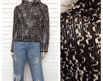 Vintage Ferre Studio Black and White Knit Crochet Sweater Cropped Faux Turtleneck Size 10 M/L Made in Italy