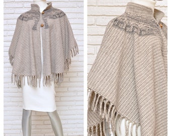 Vintage Beige Vintage Wool Cape Shawl with Fringe Houndstooth Women’s Poncho with Tribal Print OSFA