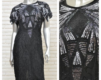 vintage Black Silver Silk Beaded Dress Taille Petite robe de soirée courte formelle