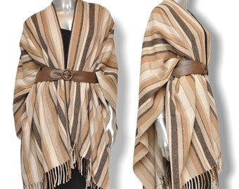 Vintage Beige Brown Neutral Winter Cape Shawl Wrap Striped Poncho Wool Blend Fringe