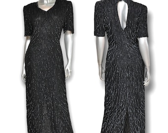 Vintage Black 100% Silk Sequins Floor Length Gown Size M Short Sleeve Long Evening Gown