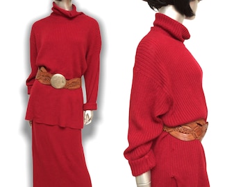 Vintage Maroon Knit Turtleneck Sweater and Skirt Set Size Large Warm Cozy