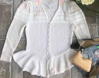Vintage Cream Angora Knit Cardigan Sweater with Peplum Waist  and Beaded Shoulders M/L
