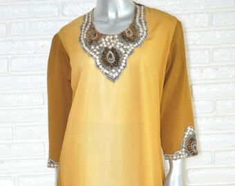 Vintage Indian Kaftan Top Gold Brown and Rust Color Long Tunic with Velvet Embroidered Neckline M