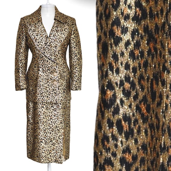 Vintage Gold Lame Leopard Print Skirt Suit Shiny 7