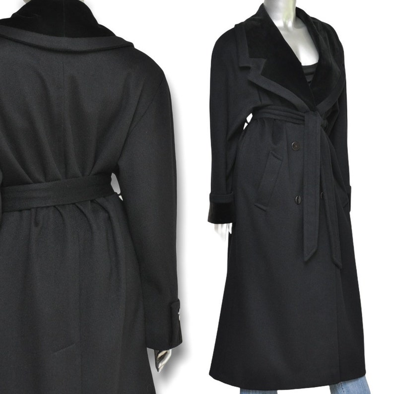 Vintage Womens Black Wool and Velvet Long Belted Winter Coat Size M image 1