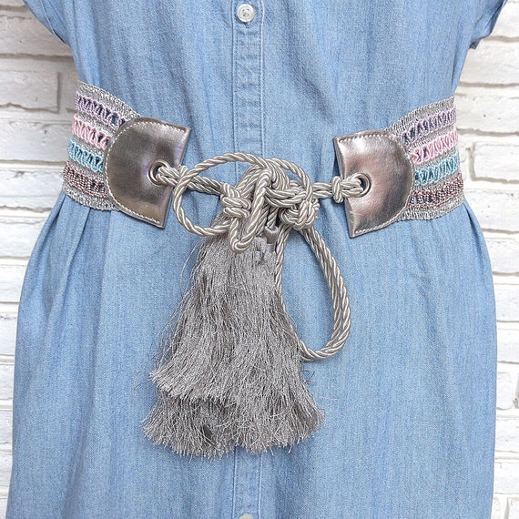 Vintage Silver Weaved Tassel Belt 80’s Wide Hip B… - image 1