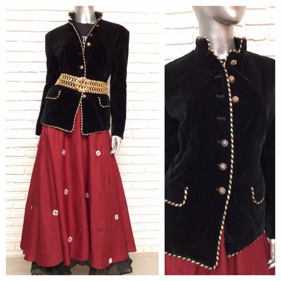 Vintage Black Velvet Blazer With Gold Trim Militar