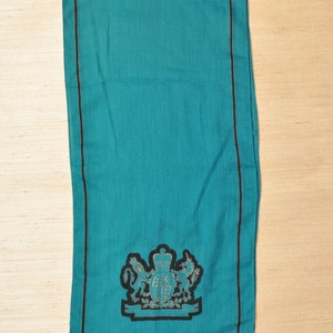 Vintage Oscar De La Renta Blue Green Wool Scarf with Lion and Unicorn Royal Crest image 3