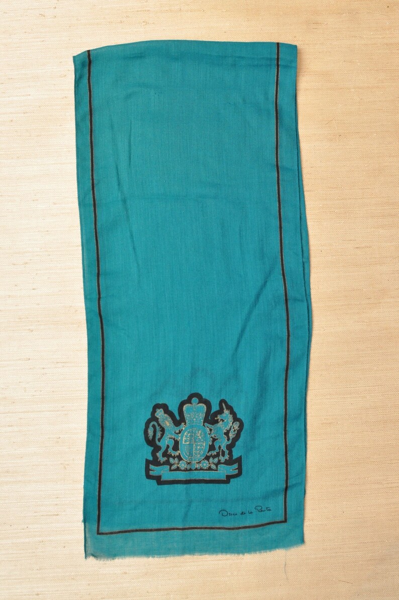 Vintage Oscar De La Renta Blue Green Wool Scarf with Lion and Unicorn Royal Crest image 3