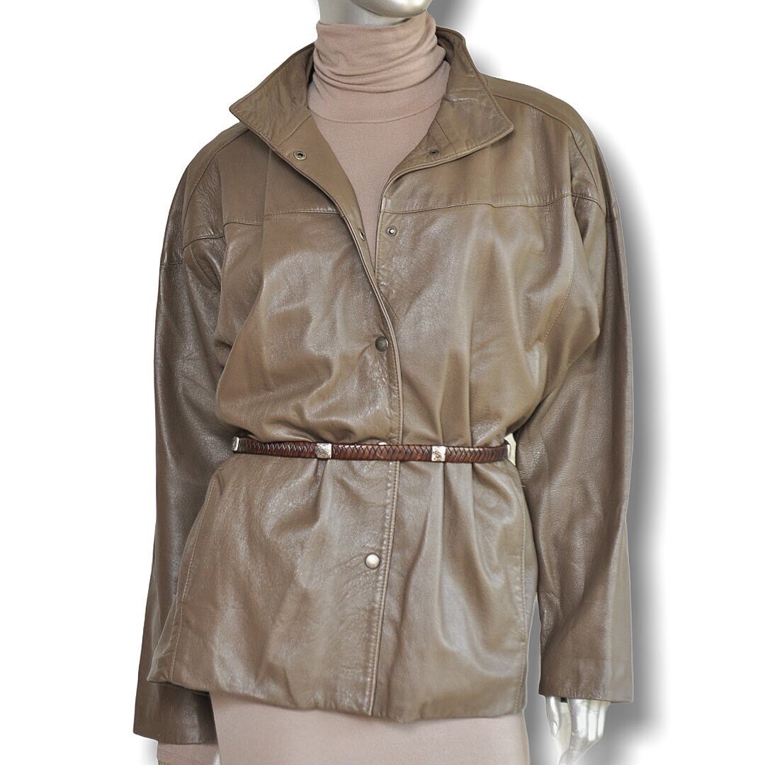 Vintage Army Green Leather Jacket Womens Relaxed Fit Belted Etsy