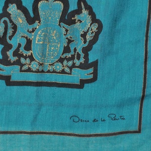 Vintage Oscar De La Renta Blue Green Wool Scarf with Lion and Unicorn Royal Crest image 8