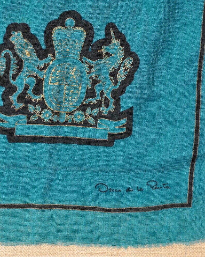 Vintage Oscar De La Renta Blue Green Wool Scarf with Lion and Unicorn Royal Crest image 8