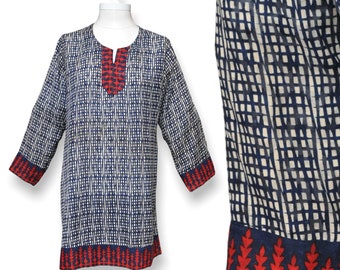 Vintage Womens Tunic Blouse Red and Navy Blue Boho Hippie Shirt