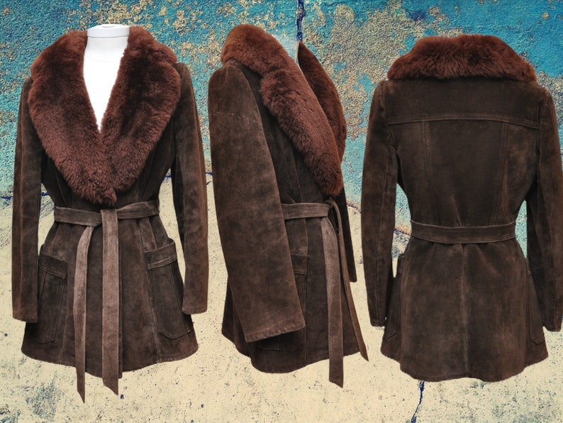 Vintage Women\u2019s Brown Suede Belted Shearling Coat Heavy Winter Jacket M