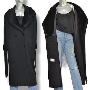 Vintage Womens Black Wool and Velvet Long Belted Winter Coat Size M image 10