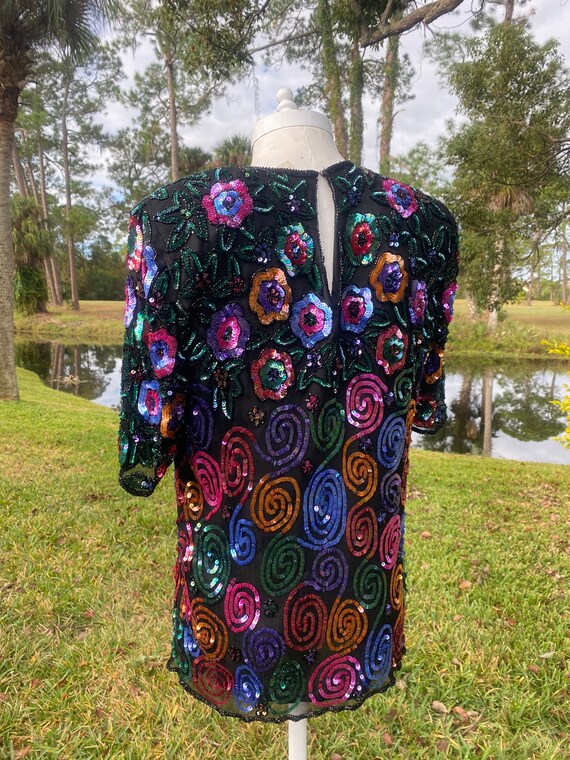 Vintage Sequins Blouse Floral Beaded Shirt Black … - image 4