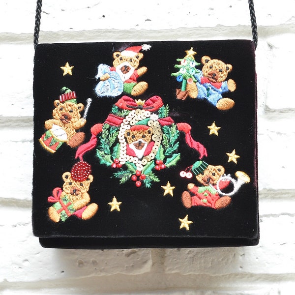 Black Velvet Christmas Purse with Embroidered Teddy Bears Mini Evening Bag