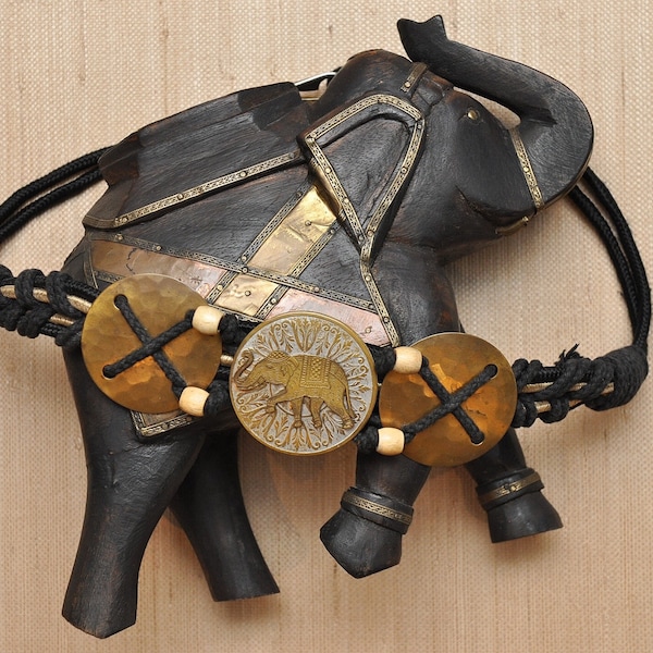 Vintage 70’s Brass Elephant Belt Black Gold Stretchy Bohemian Belts