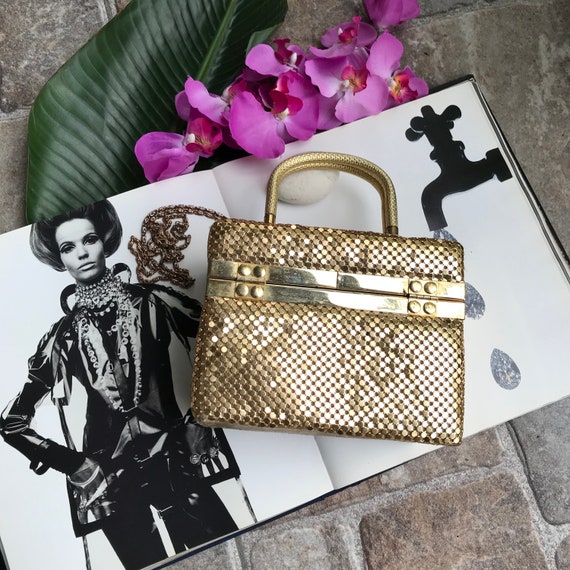 Vintage 70's Gold Mesh Hand Bag Mini Train Case Pu