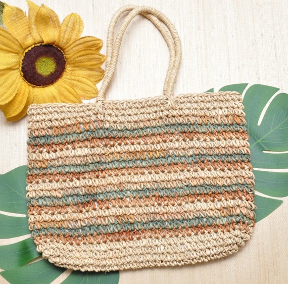 Vintage Beige Straw Market Bag Weaved Bohemian Su… - image 1