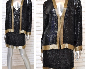 Black and Gold Sequins Skirt Suit Vintage Women’s  2 Piece Beaded Skirt and Blazer Set