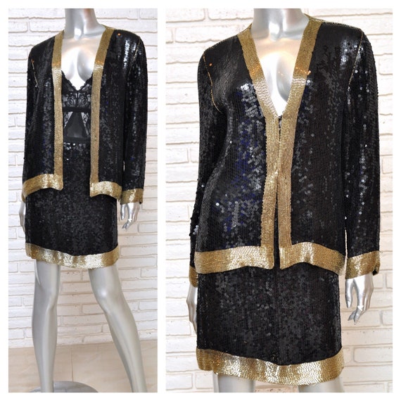 Black and Gold Sequins Skirt Suit Vintage Womens 2 Piece Beaded Skirt and Blazer Set Etsy UK