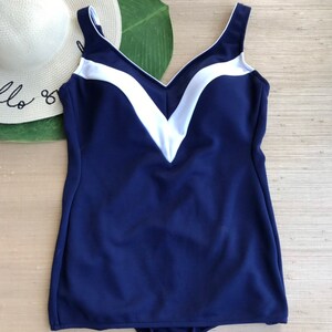 Vintage Women's Swimsuit One Piece Navy Blue White Swim Dress Summer 70's Bloomer Swimwear L image 6
