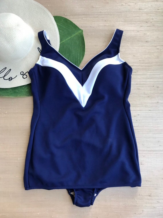 Vintage Women's Swimsuit One Piece Navy Blue Whit… - image 6