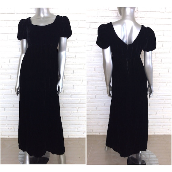 Vintage Black Velvet Empire Waist Peasant Dress Si
