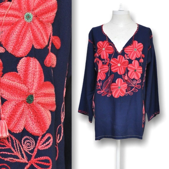 Vintage Navy Blue Tunic Blouse with Pink Floral E… - image 1