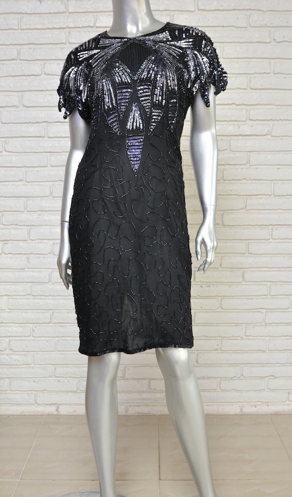 Vintage Black Silver Silk Beaded Dress Size Small… - image 2