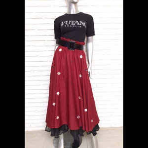 Vintage Full Length Maxi Skirt with Drawstring Waist Bohemian Two Layer High Waist Peasant Skirt Boho Style