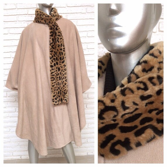 Womens Beige Cape with Attached Leopard Print Scar