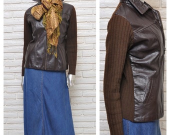 70's Dark Brown Leather Jacket with Ribbed Knit Back Womens Vintage Zip Front Jacket