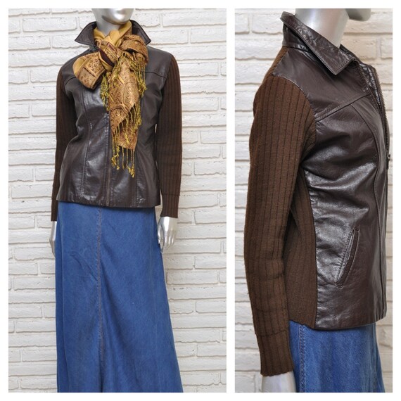 70's Dark Brown Leather Jacket with Ribbed Knit B… - image 1