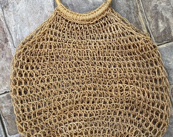 Vintage Net Market Bag with Wood Handle Boho Purse