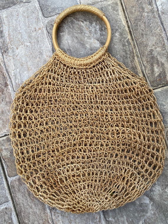 Vintage Net Market Bag with Wood Handle Boho Purse - image 1