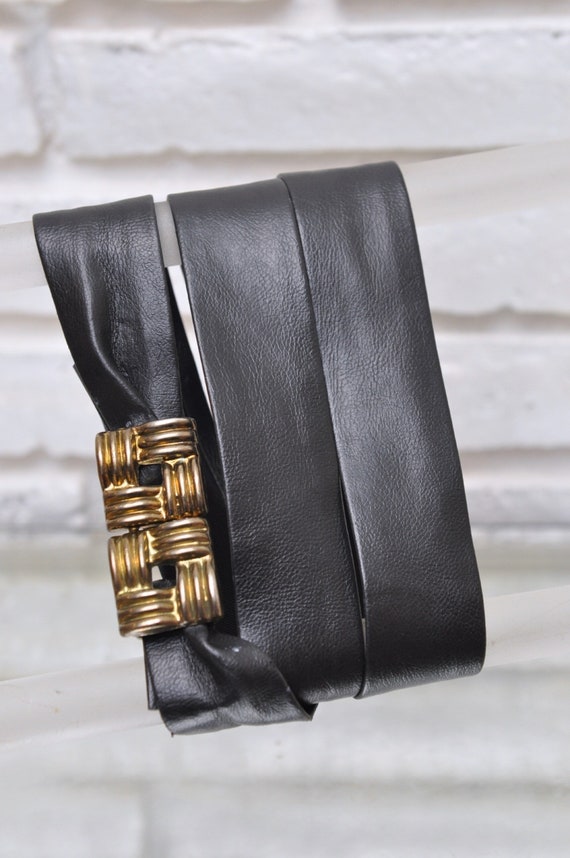 Vintage 70’s Black FAUX Leather Belt with Brass B… - image 1