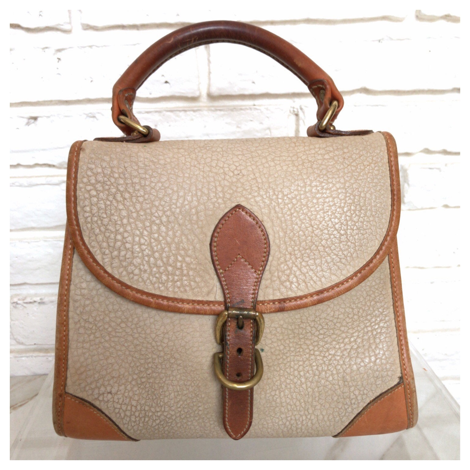 Vintage Dooney & Bourke Small Top Handle Purse Handbag Made in USA Beige And Tan Leather