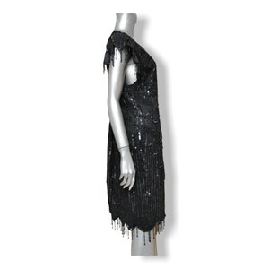 Vintage Laurence Kazar Black Beaded Dress Sheer Sweet Heart Neck Knee Length Sequins Party Gown 8 image 4