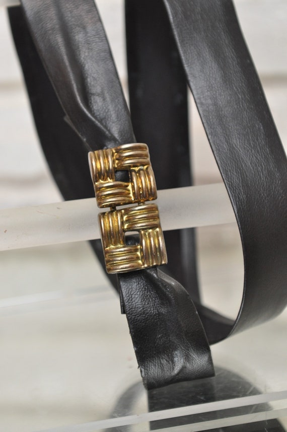 Vintage 70’s Black FAUX Leather Belt with Brass B… - image 8