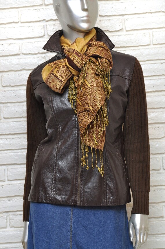 70's Dark Brown Leather Jacket with Ribbed Knit B… - image 2