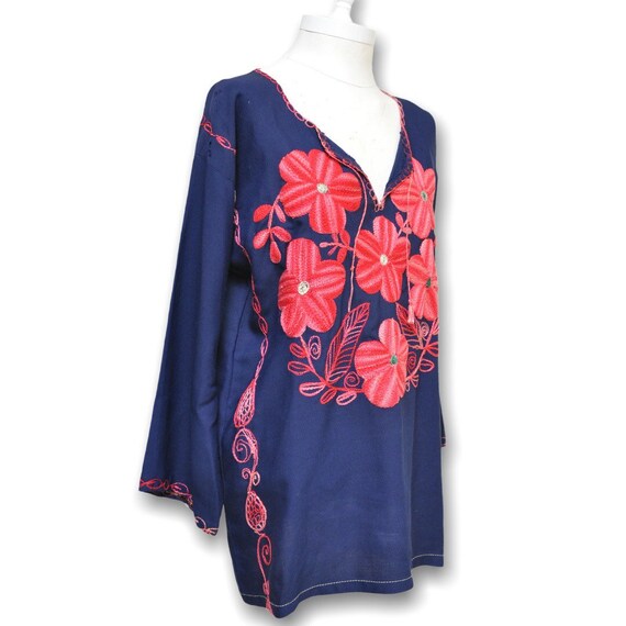 Vintage Navy Blue Tunic Blouse with Pink Floral E… - image 3