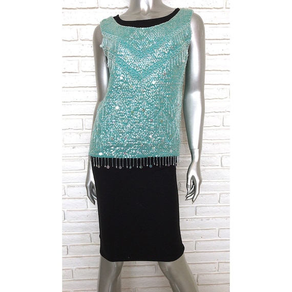 Vintage Turquoise Blue Beaded and Sequins 1960's Party Blouse Pin Up Girl Style Top 60's Knit Blouse w Beading  by Imperial Hong Kong