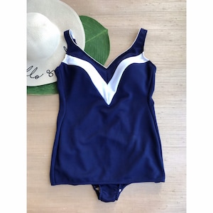 Vintage Women's Swimsuit One Piece Navy Blue White Swim Dress Summer 70's Bloomer Swimwear L image 1