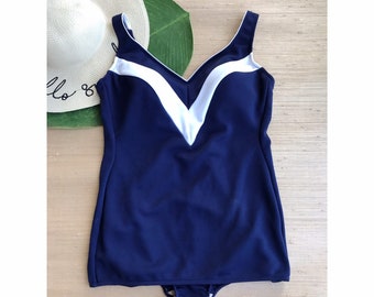 Vintage Women's Swimsuit One Piece Navy Blue White Swim Dress Summer 70's Bloomer Swimwear L