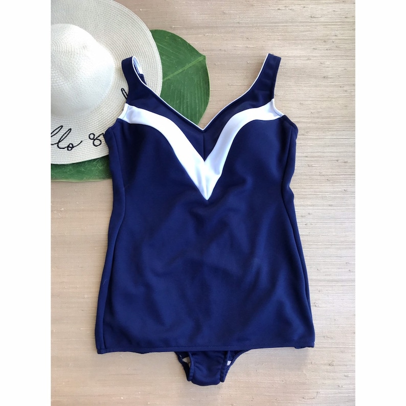 Vintage Women's Swimsuit One Piece Navy Blue White Swim Dress Summer 70's Bloomer Swimwear L image 1