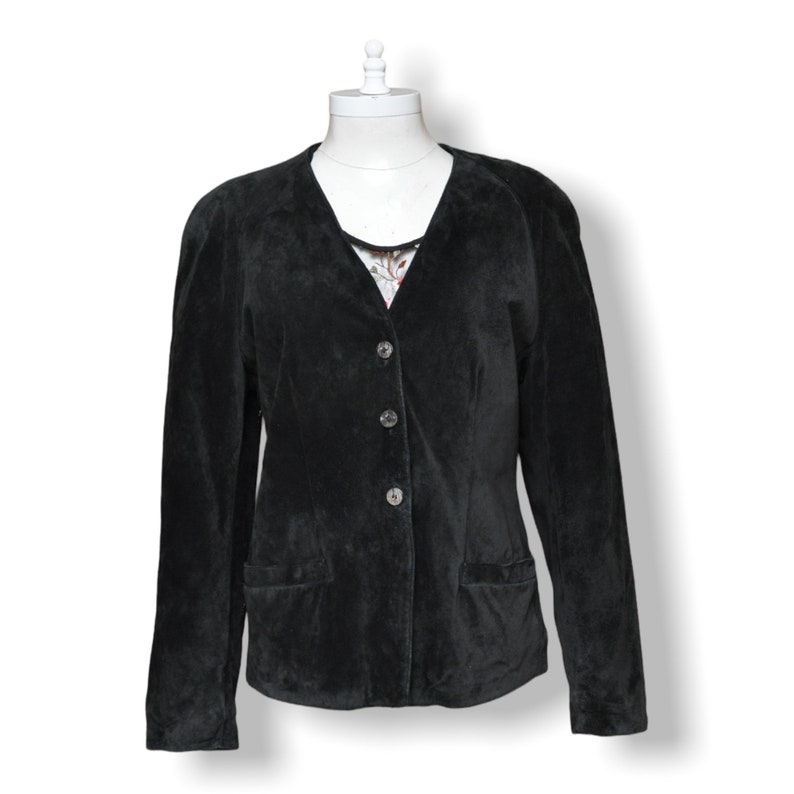 Vintage Black Suede Jacket by Rodier Paris Size Medium 6/8 Casual Leather Jacket Cardigan image 2